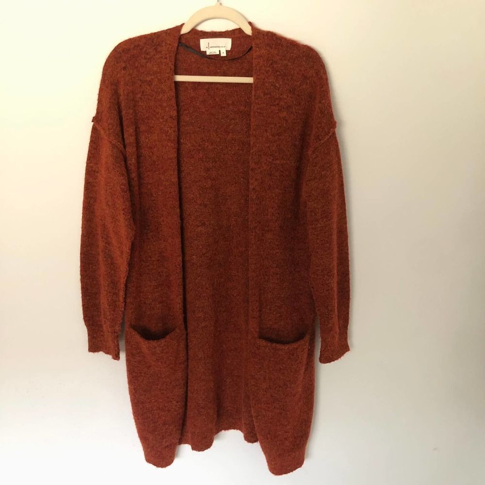 Anthropologie Jolie Long Open Front Cardigan Sweater Wool Blend Orange Medium - Picture 2 of 6